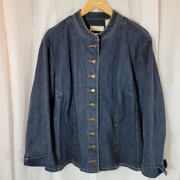 Liz Claiborne Denim Jacket Petite Plus 3 Women’s Band Collar Button Front Vtg - Picture 1 of 8